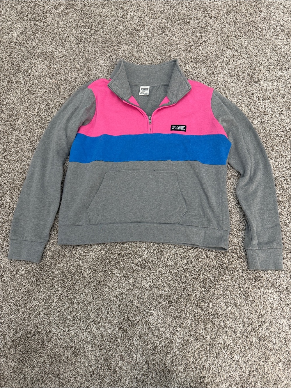 PINK Victoria's Secret Gray Pullover with Pink and Blue Colorblock Yoke